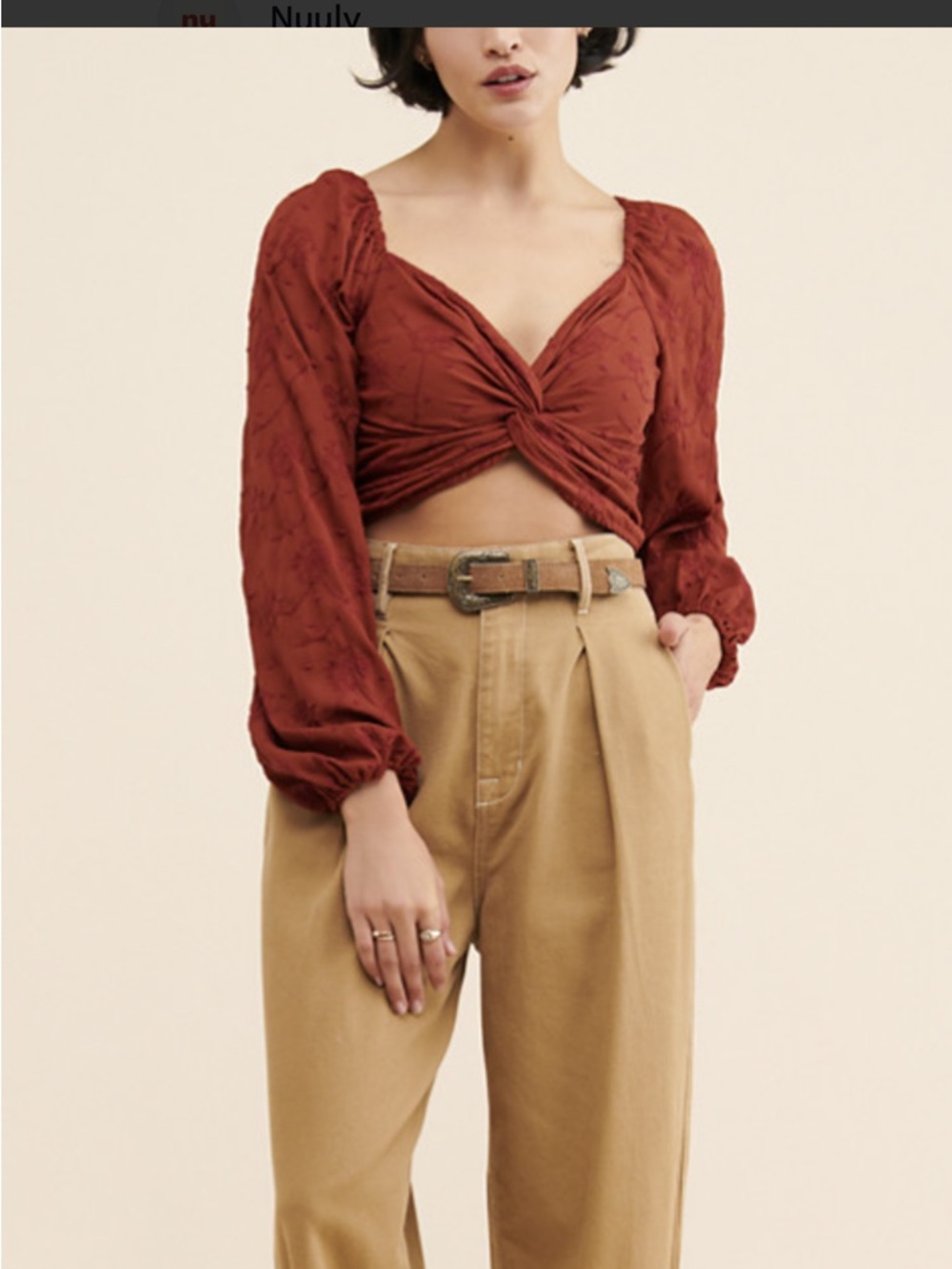 Urban Outfitters Rust Red Twist-Front Long-Sleeve Crop Top